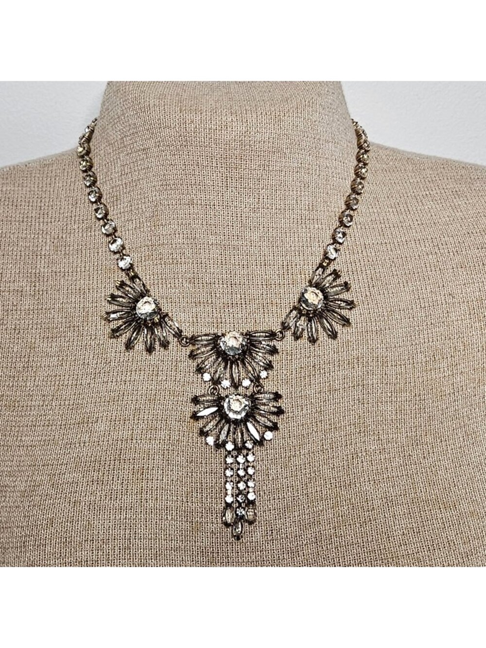 J Crew Clear Crystal Gem Fan Gold Tone 16" - 18" Statement Necklace